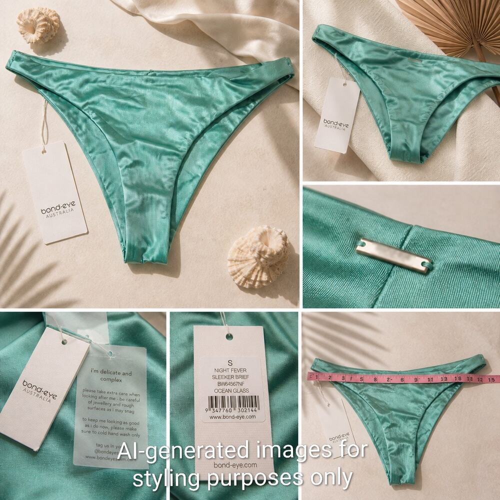 BOND-EYE AUSTRALIA Sleeker Brief Cheeky BIKINI BOTTOM Ocean Glass Teal Small NWT